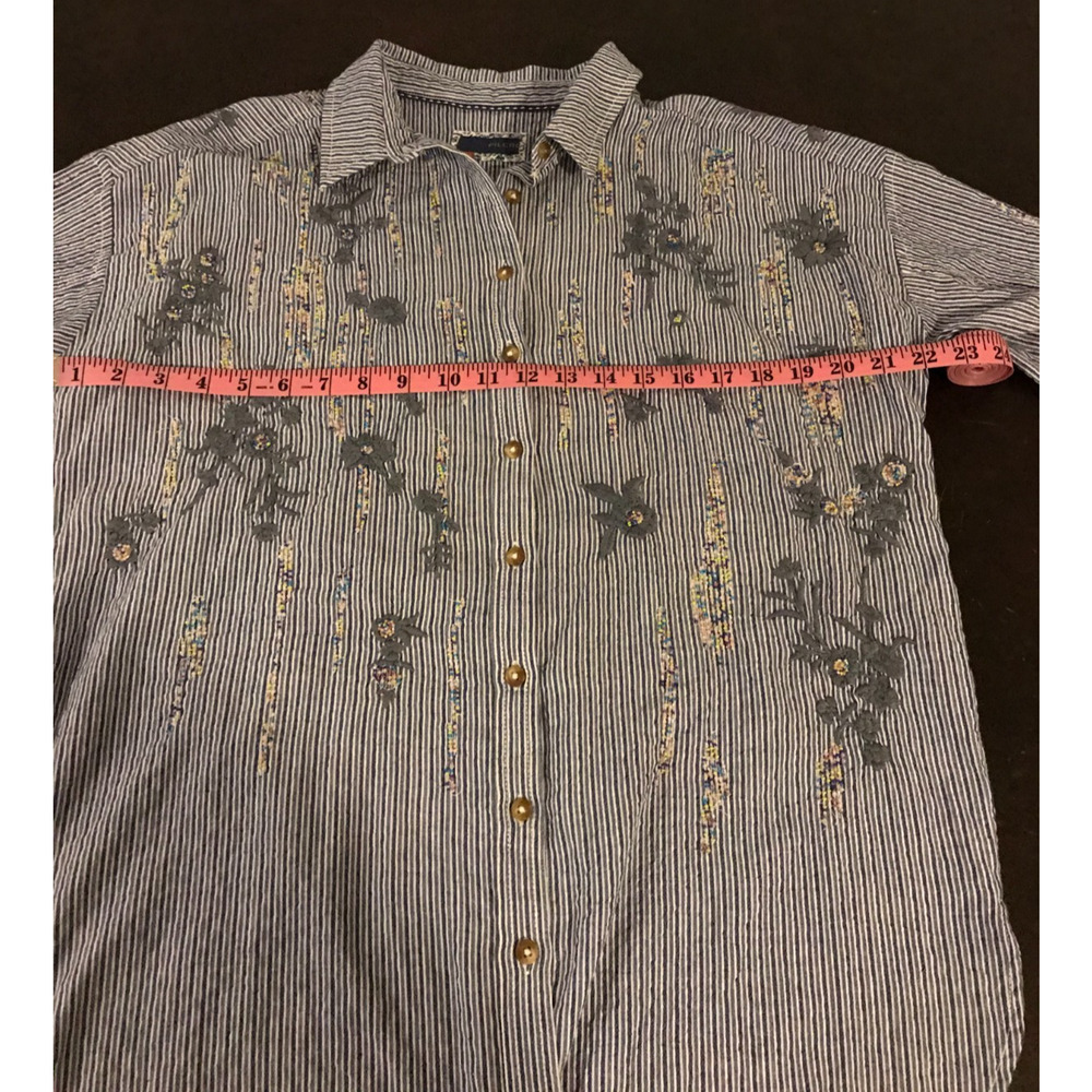 Anthropologie Pilcro XS Blue Stripe Embroidered Beaded Button Down Shirt - Picture 5 of 10